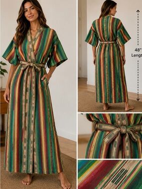 Far West El Cosmico Serape Stripe Cotton Robe Kimono Belted Unisex OS Like New